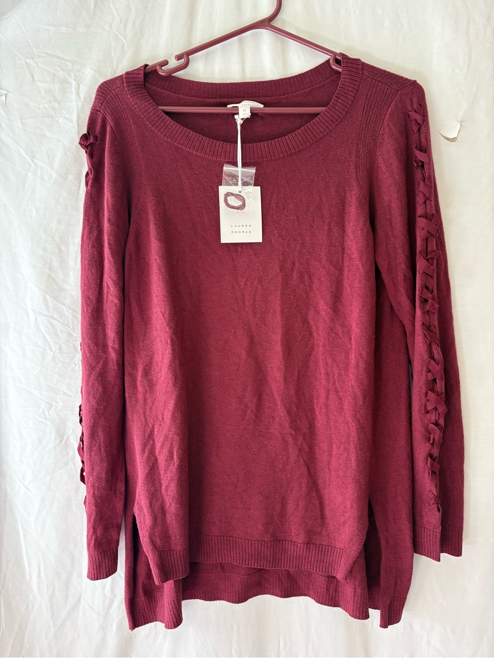 LC Lauren Conrad Wine Lace-Up Sleeve Pullover Sweater